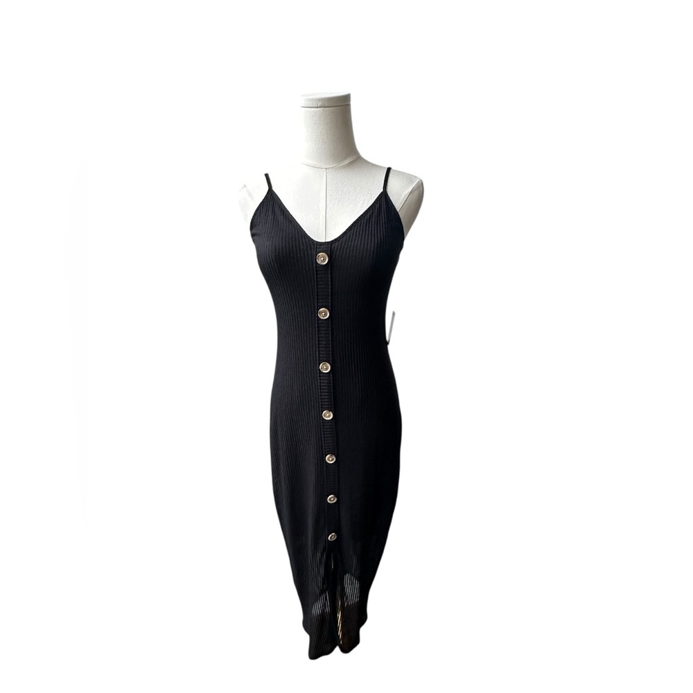 Express Black Ribbed Midi Dress Button Front Bodycon Strappy